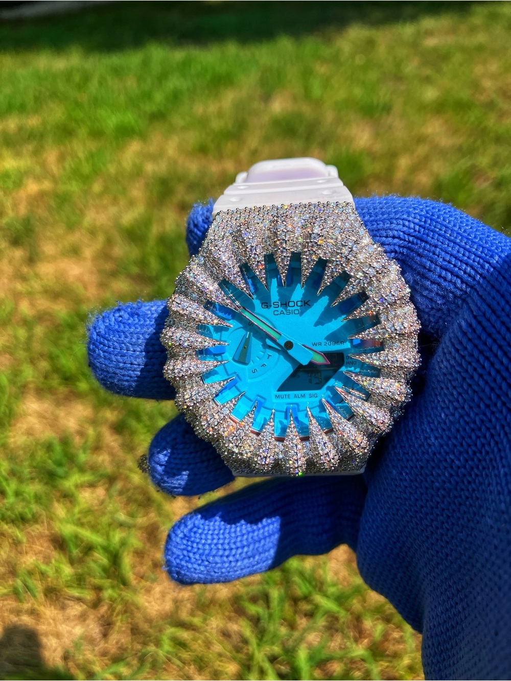 Custom G Shock Blue and White Colorway with silver Moissanite bezel